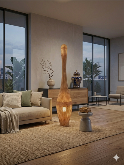 Sculptural Woven Bamboo Lamps in Natural & Dark Walnut
