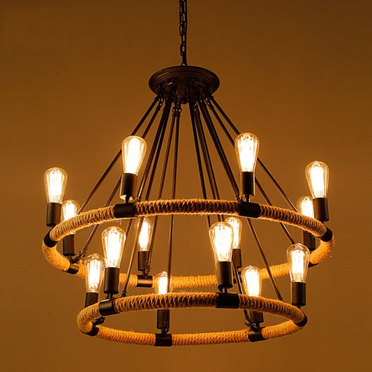 Chandelier Pendant Light Industrial Circular Rope Hanging Pendant Light in Black