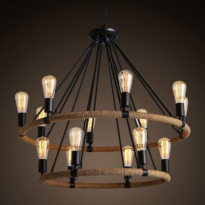 Chandelier Pendant Light Industrial Circular Rope Hanging Pendant Light in Black