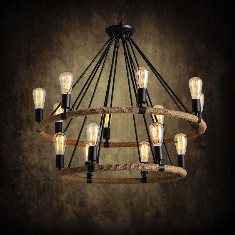 Chandelier Pendant Light Industrial Circular Rope Hanging Pendant Light in Black