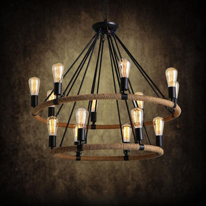 Chandelier Pendant Light Industrial Circular Rope Hanging Pendant Light in Black