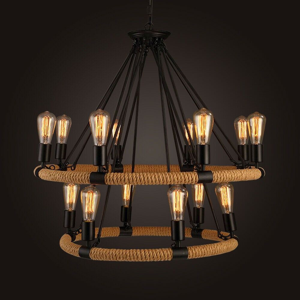 Chandelier Pendant Light Industrial Circular Rope Hanging Pendant Light in Black