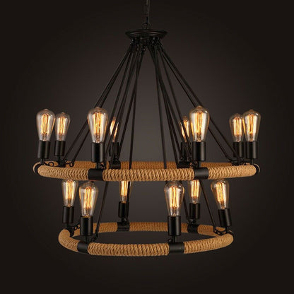 Chandelier Pendant Light Industrial Circular Rope Hanging Pendant Light in Black