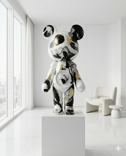 Nebula Noir" Luxury Art Bear Gift Items- Black, White, & Gold Marble Sculpture