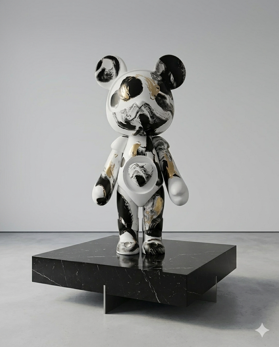 Nebula Noir" Luxury Art Bear Gift Items- Black, White, & Gold Marble Sculpture