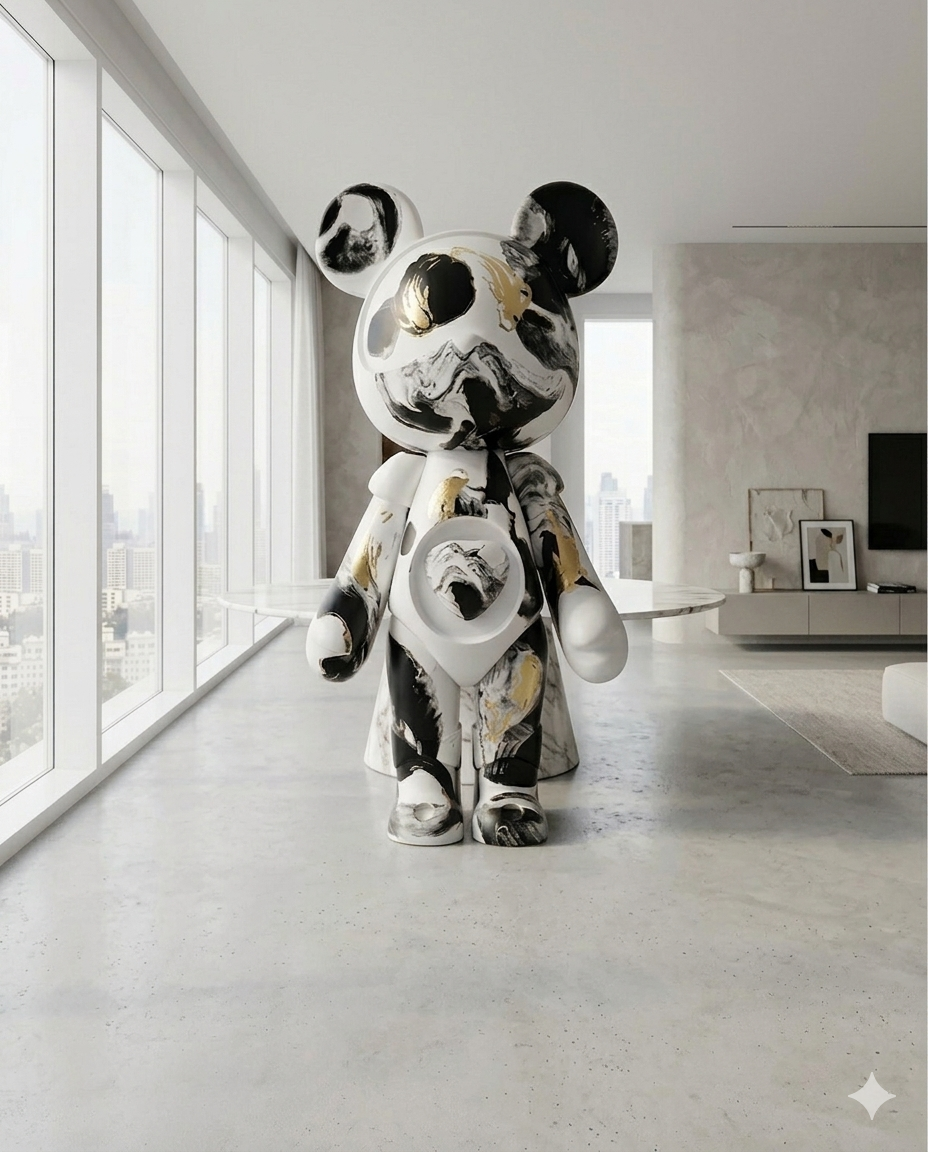 Nebula Noir" Luxury Art Bear Gift Items- Black, White, & Gold Marble Sculpture