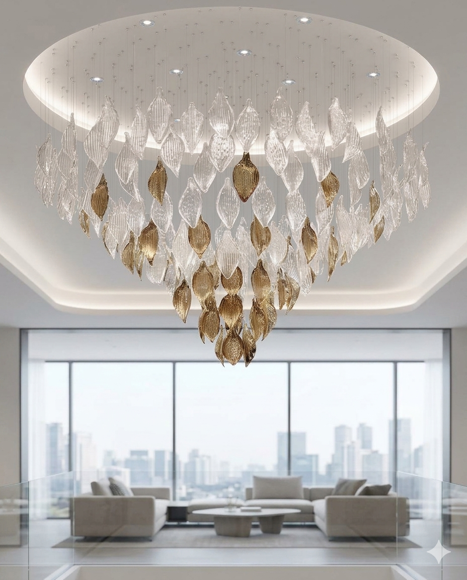 Luxury White & Gold Glass Leaf Chandelier – Custom Round Ceiling Light for Modern Villas & Luxury Bedrooms