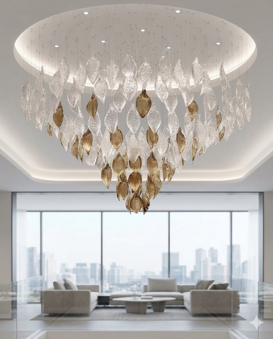 Luxury White & Gold Glass Leaf Chandelier – Custom Round Ceiling Light for Modern Villas & Luxury Bedrooms