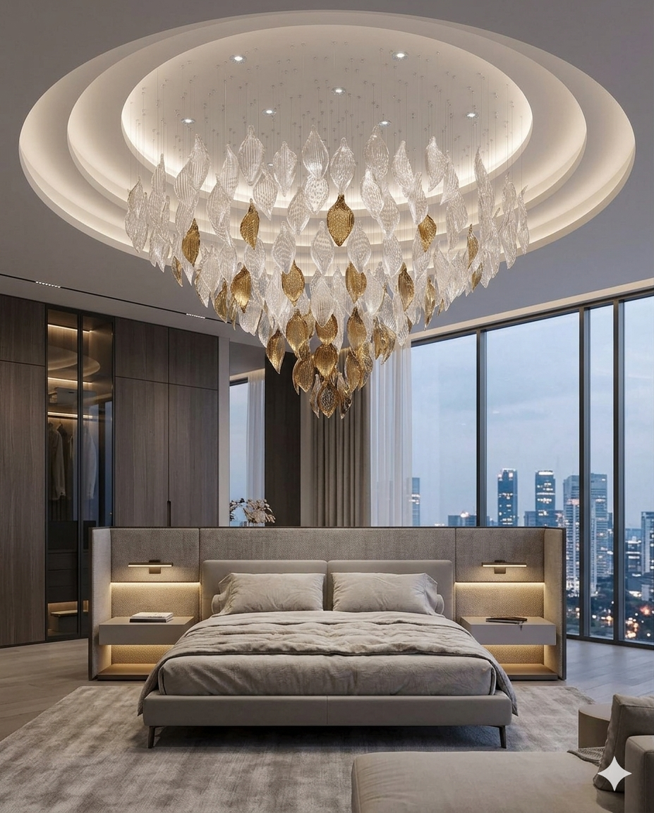Luxury White & Gold Glass Leaf Chandelier – Custom Round Ceiling Light for Modern Villas & Luxury Bedrooms