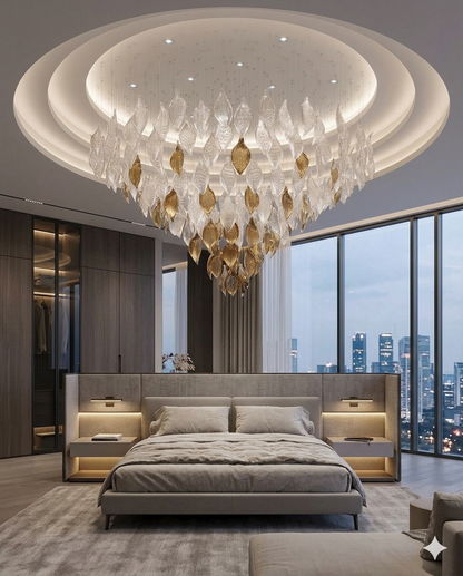 Luxury White & Gold Glass Leaf Chandelier – Custom Round Ceiling Light for Modern Villas & Luxury Bedrooms