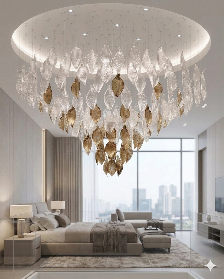 Luxury White & Gold Glass Leaf Chandelier – Custom Round Ceiling Light for Modern Villas & Luxury Bedrooms