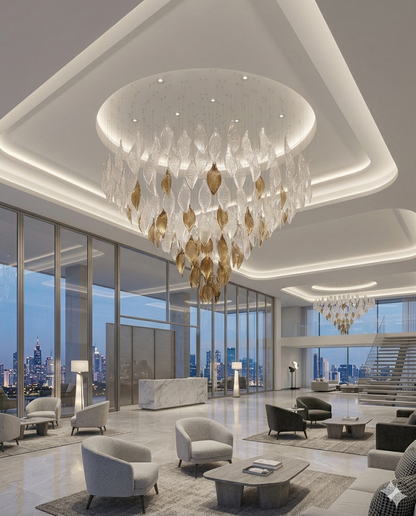 Luxury White & Gold Glass Leaf Chandelier – Custom Round Ceiling Light for Modern Villas & Luxury Bedrooms