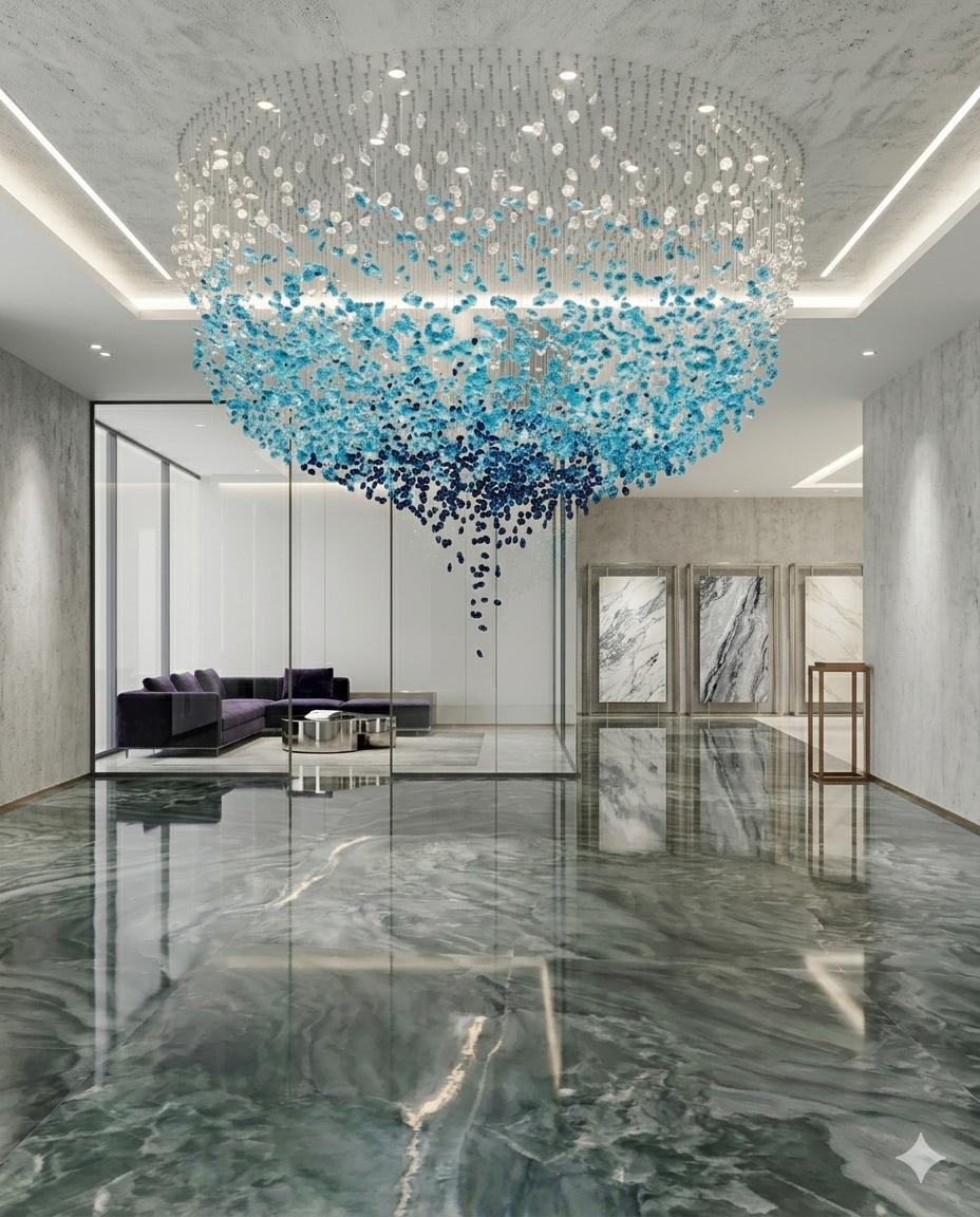 Luxury Blue & White Stone Crystal Custom Chandelier – Modern Round Hanging Ceiling Light for Villas & Hotel Lobby