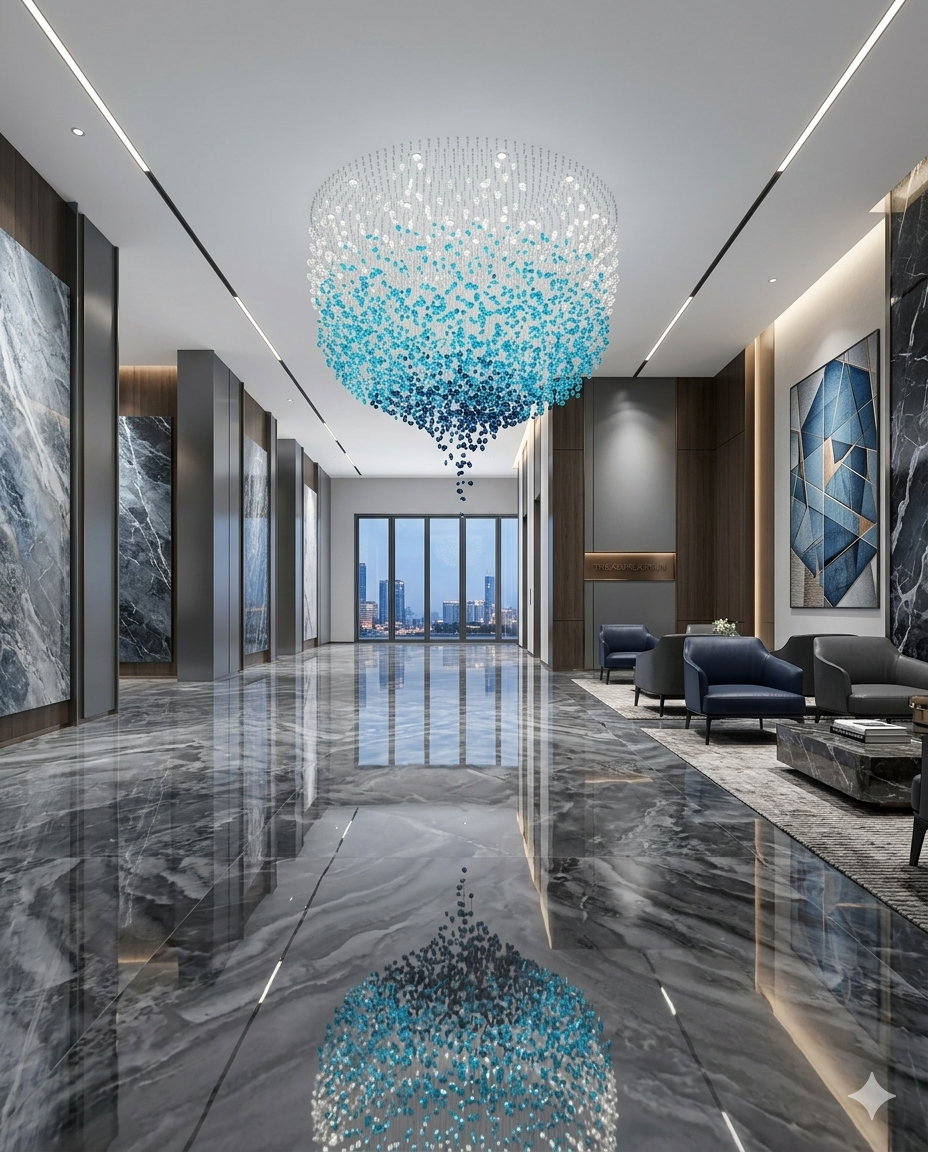 Luxury Blue & White Stone Crystal Custom Chandelier – Modern Round Hanging Ceiling Light for Villas & Hotel Lobby