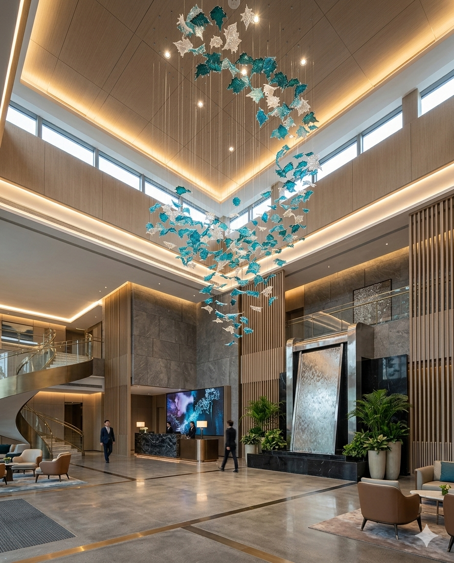 Luxury Blue & White Glass Staircase Chandelier – Custom Double Height Hanging Light for Modern Villas & Hotel Lobby