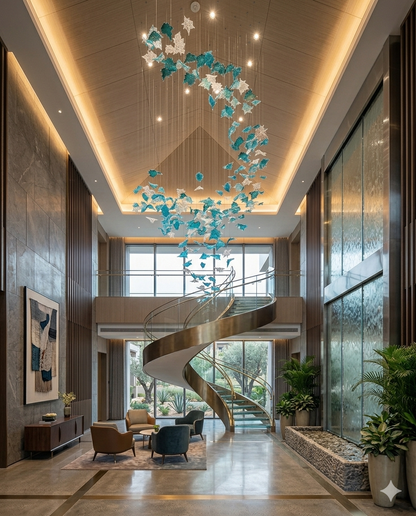 Luxury Blue & White Glass Staircase Chandelier – Custom Double Height Hanging Light for Modern Villas & Hotel Lobby