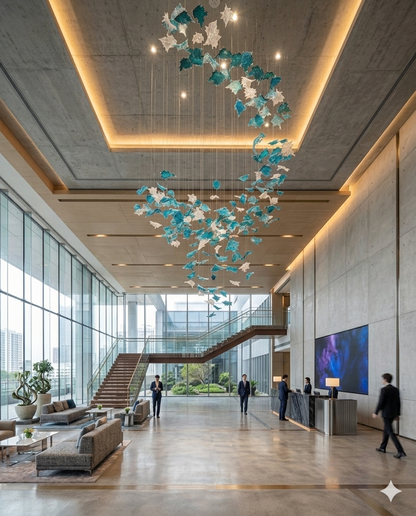 Luxury Blue & White Glass Staircase Chandelier – Custom Double Height Hanging Light for Modern Villas & Hotel Lobby