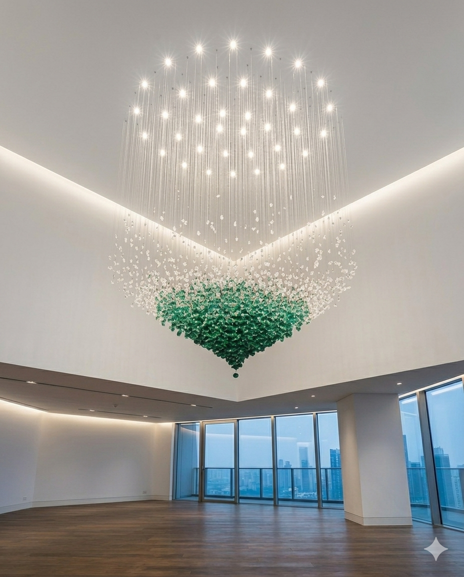 Luxury White & Green Crystal Stone Chandelier – Custom Double Height Staircase Light for Modern Villas & Hotel Lobby