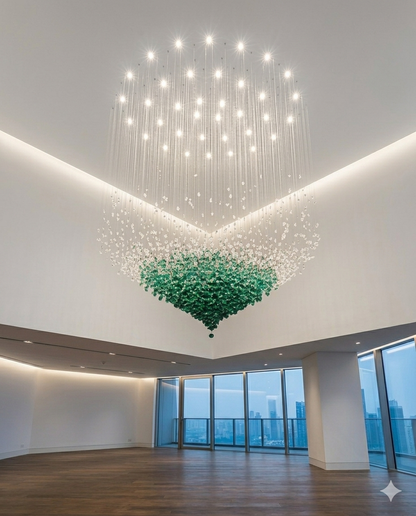 Luxury White & Green Crystal Stone Chandelier – Custom Double Height Staircase Light for Modern Villas & Hotel Lobby