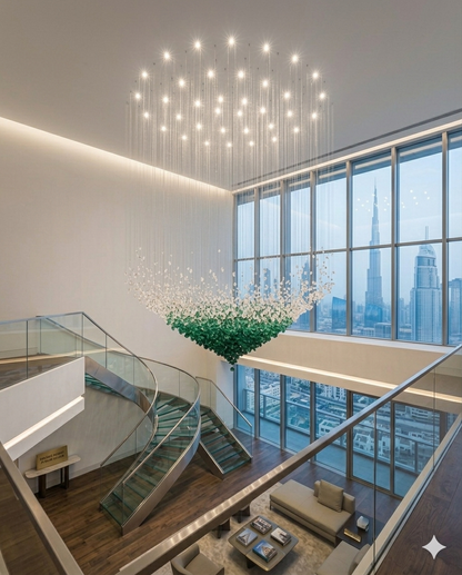 Luxury White & Green Crystal Stone Chandelier – Custom Double Height Staircase Light for Modern Villas & Hotel Lobby
