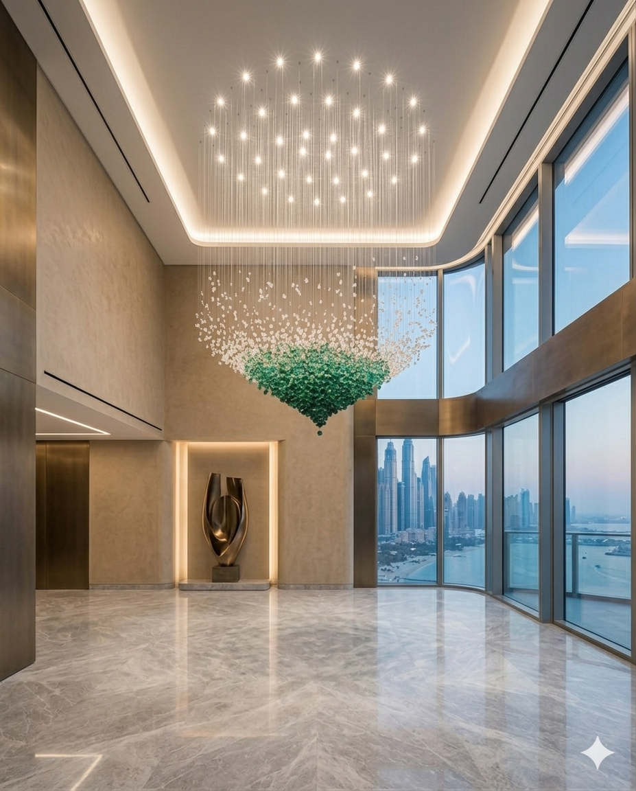 Luxury White & Green Crystal Stone Chandelier – Custom Double Height Staircase Light for Modern Villas & Hotel Lobby