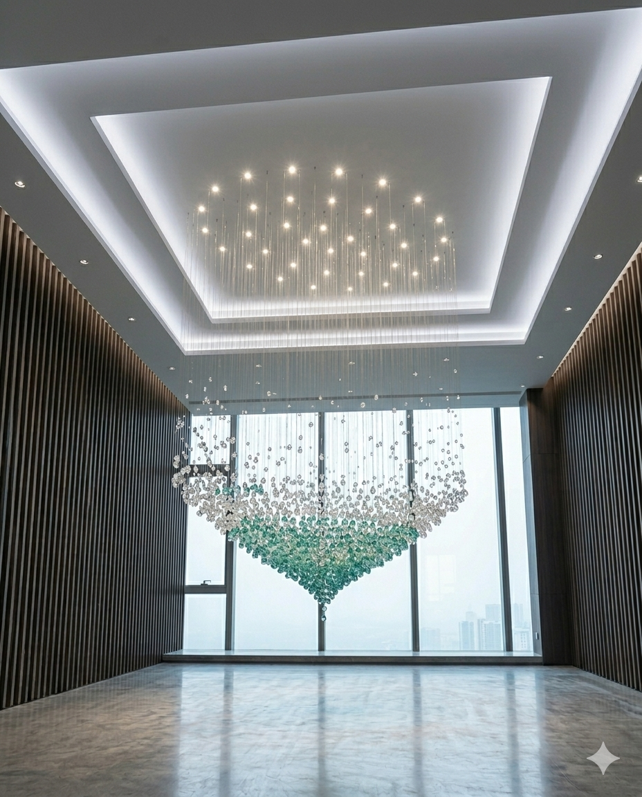 Luxury White & Green Crystal Stone Chandelier – Custom Double Height Staircase Light for Modern Villas & Hotel Lobby