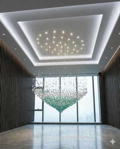 Luxury White & Green Crystal Stone Chandelier – Custom Double Height Staircase Light for Modern Villas & Hotel Lobby