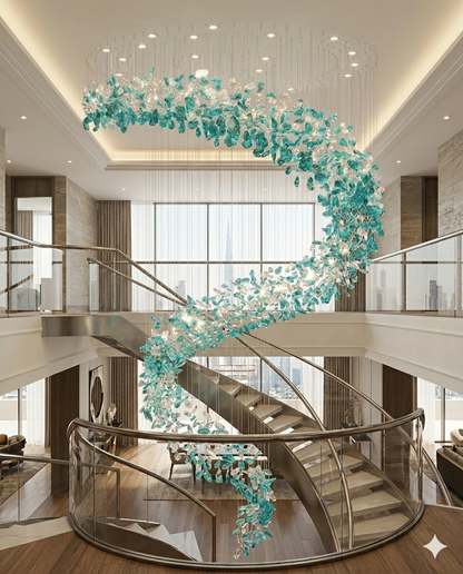 Custom Spiral Crystal Chandelier White & Green – Custom High Ceiling Hanging Light for Staircase, Villa & Hotel Lobby