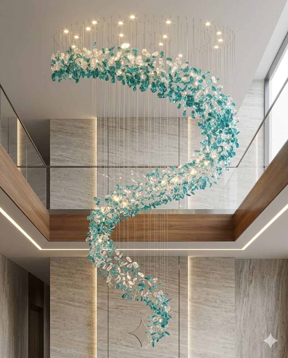 Custom Spiral Crystal Chandelier White & Green – Custom High Ceiling Hanging Light for Staircase, Villa & Hotel Lobby