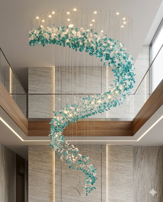 Custom Spiral Crystal Chandelier White & Green – Custom High Ceiling Hanging Light for Staircase, Villa & Hotel Lobby