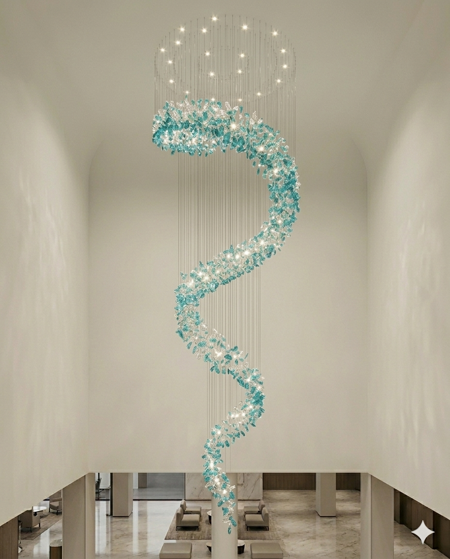 Custom Spiral Crystal Chandelier White & Green – Custom High Ceiling Hanging Light for Staircase, Villa & Hotel Lobby