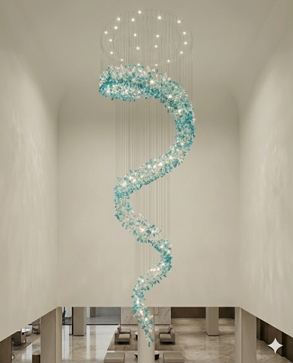 Custom Spiral Crystal Chandelier White & Green – Custom High Ceiling Hanging Light for Staircase, Villa & Hotel Lobby