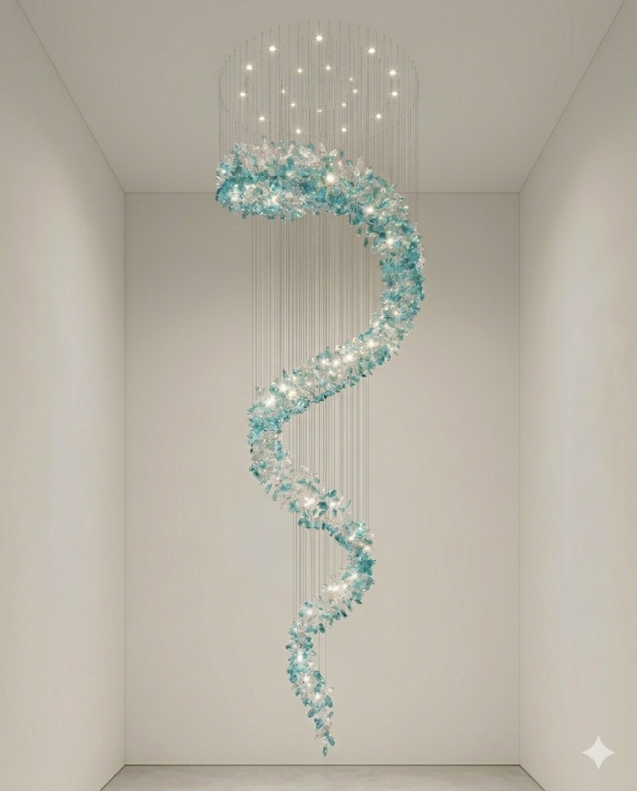 Custom Spiral Crystal Chandelier White & Green – Custom High Ceiling Hanging Light for Staircase, Villa & Hotel Lobby