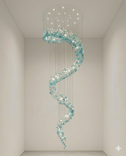 Custom Spiral Crystal Chandelier White & Green – Custom High Ceiling Hanging Light for Staircase, Villa & Hotel Lobby