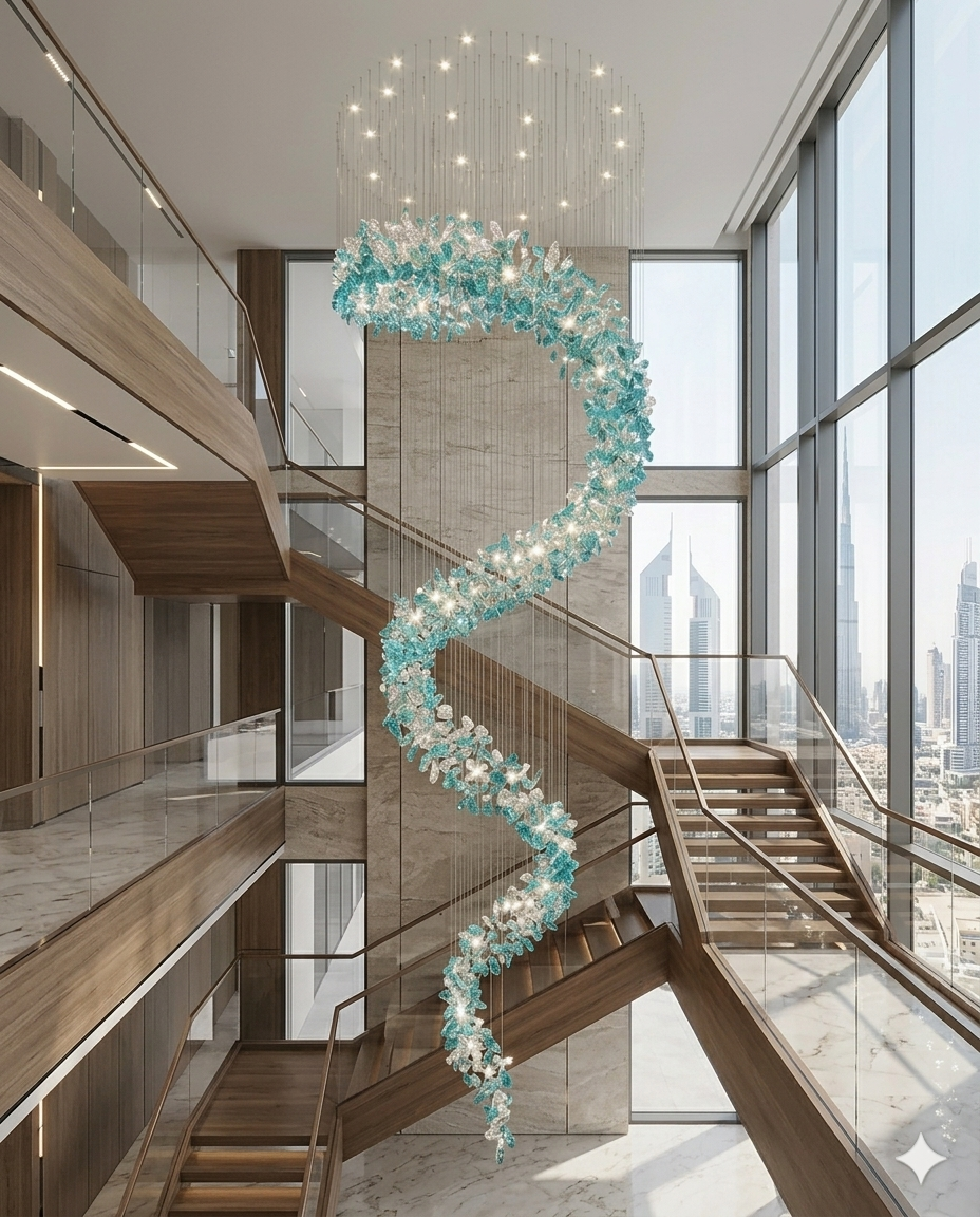 Custom Spiral Crystal Chandelier White & Green – Custom High Ceiling Hanging Light for Staircase, Villa & Hotel Lobby