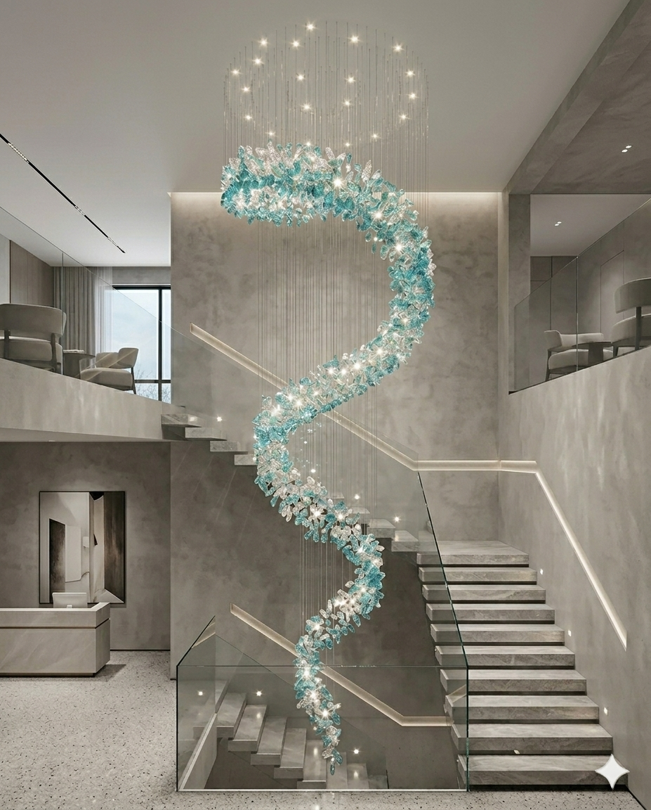 Custom Spiral Crystal Chandelier White & Green – Custom High Ceiling Hanging Light for Staircase, Villa & Hotel Lobby