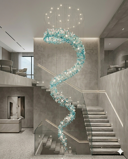 Custom Spiral Crystal Chandelier White & Green – Custom High Ceiling Hanging Light for Staircase, Villa & Hotel Lobby