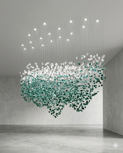 Custom Teal Blue & White Floating Crystal Chandelier (200cm L x 80cm W)