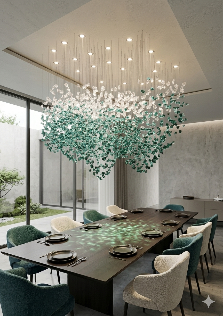 Custom Teal Blue & White Floating Crystal Chandelier (200cm L x 80cm W)