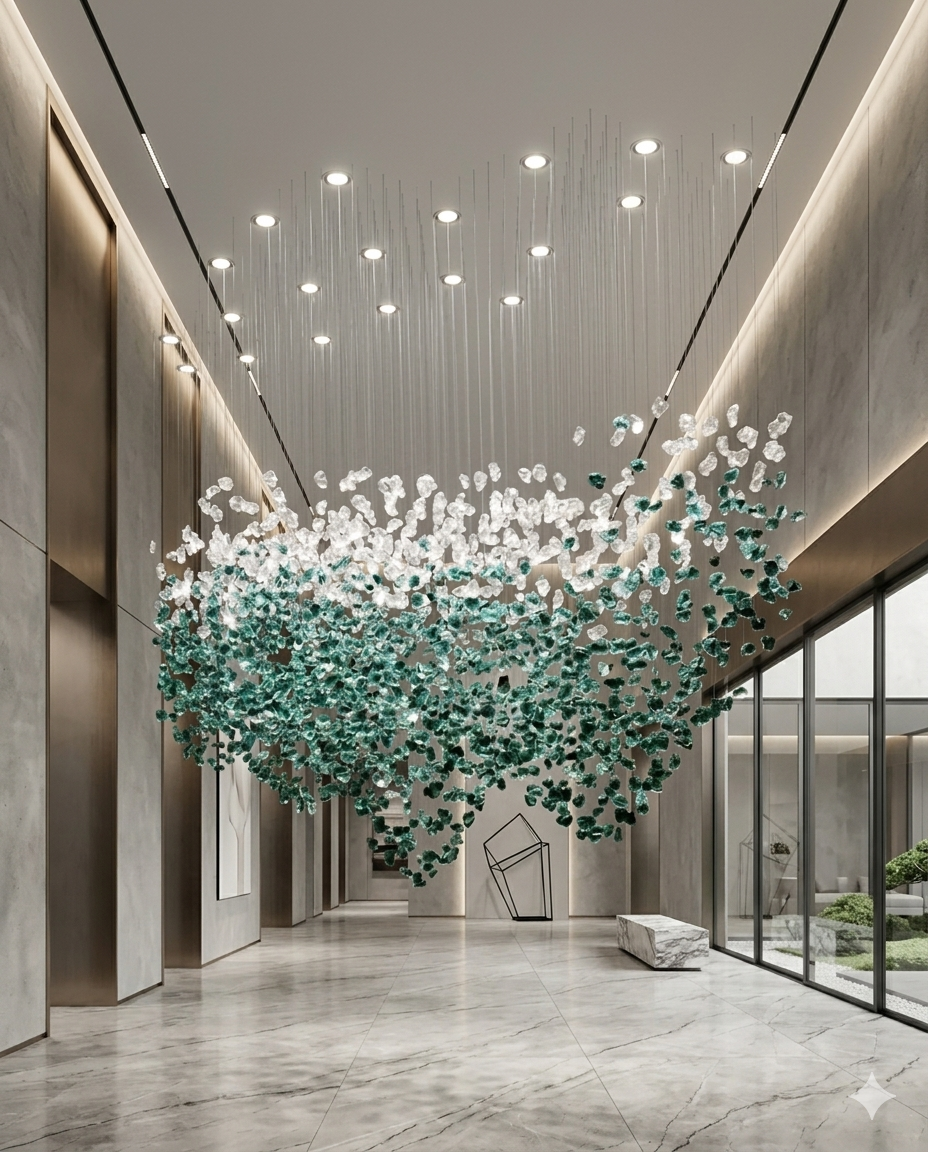 Custom Teal Blue & White Floating Crystal Chandelier (200cm L x 80cm W)