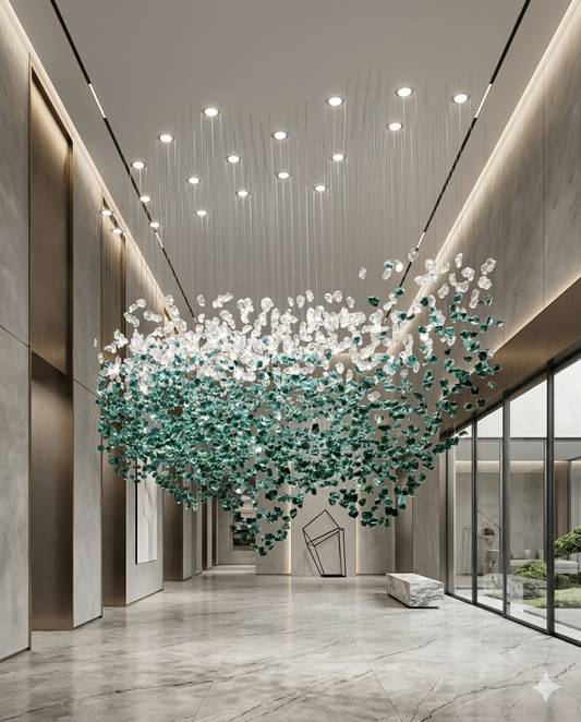 Custom Teal Blue & White Floating Crystal Chandelier (200cm L x 80cm W)