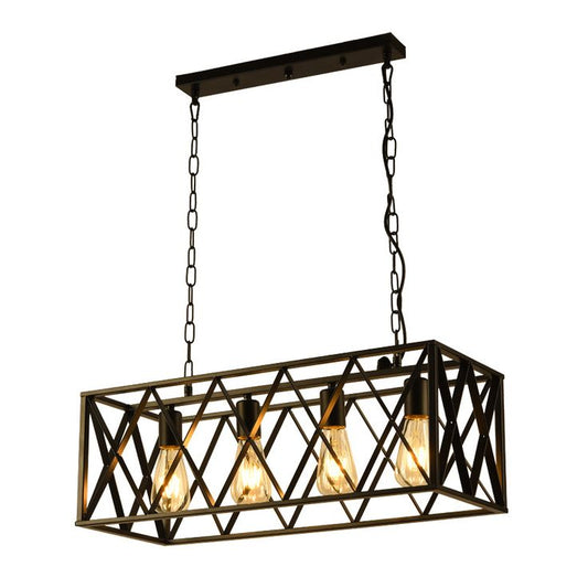4-Light Farmhouse Black Kitchen Island Pendant Light – Adjustable Industrial Rectangular Chandelier for Dining Room & Bar