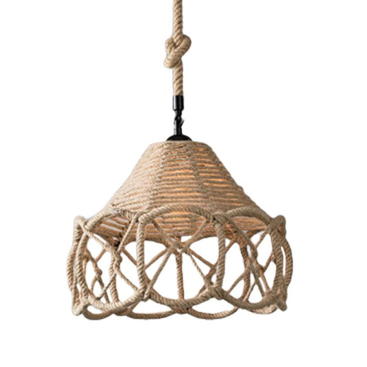 Boho Woven Rope Pendant Light – Handcrafted Beige Hemp Ceiling Lamp (E26, 35cm, Adjustable Height)