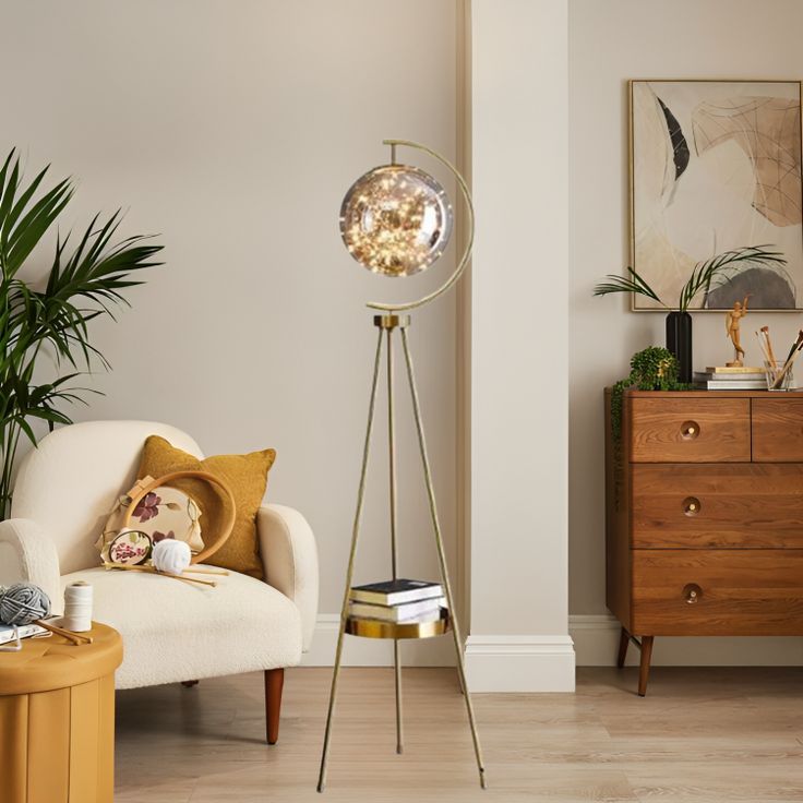 Luxury Tripod Globe Floor Lamp with Shelf – Modern Gold Standing Lamp Gold/Black