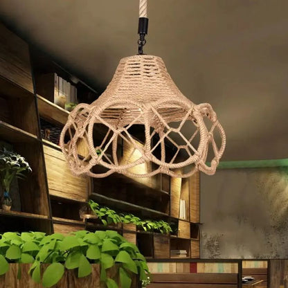 Boho Woven Rope Pendant Light – Handcrafted Beige Hemp Ceiling Lamp (E26, 35cm, Adjustable Height)