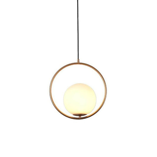 Modern 1-Light Glass Globe Pendant Light – Brushed Brass & Frosted White Minimalist Hanging Lamp