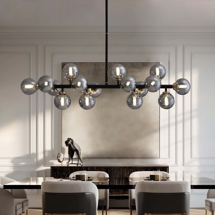 Modern Linear 16-Light Polished Black Beaded Chandelier