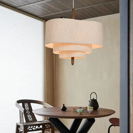Wave Ladder Pendant Lamp – Corrugated Fabric Shade with Solid Wood Detail & Adjustable Textile Cord