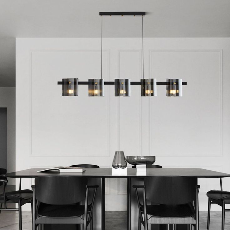 Modern 5-Light Linear Pendant Light – Black Metal Smoked Glass Kitchen Island Dining Lamp