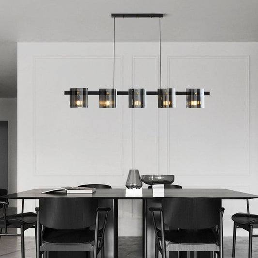 Modern 5-Light Linear Pendant Light – Black Metal Smoked Glass Kitchen Island Dining Lamp